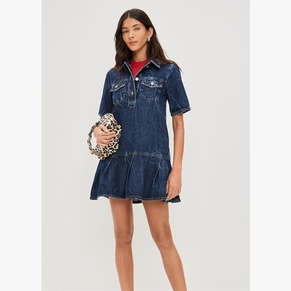 Ganni Women's Crinkled Future Denim Mini Dress, NWT